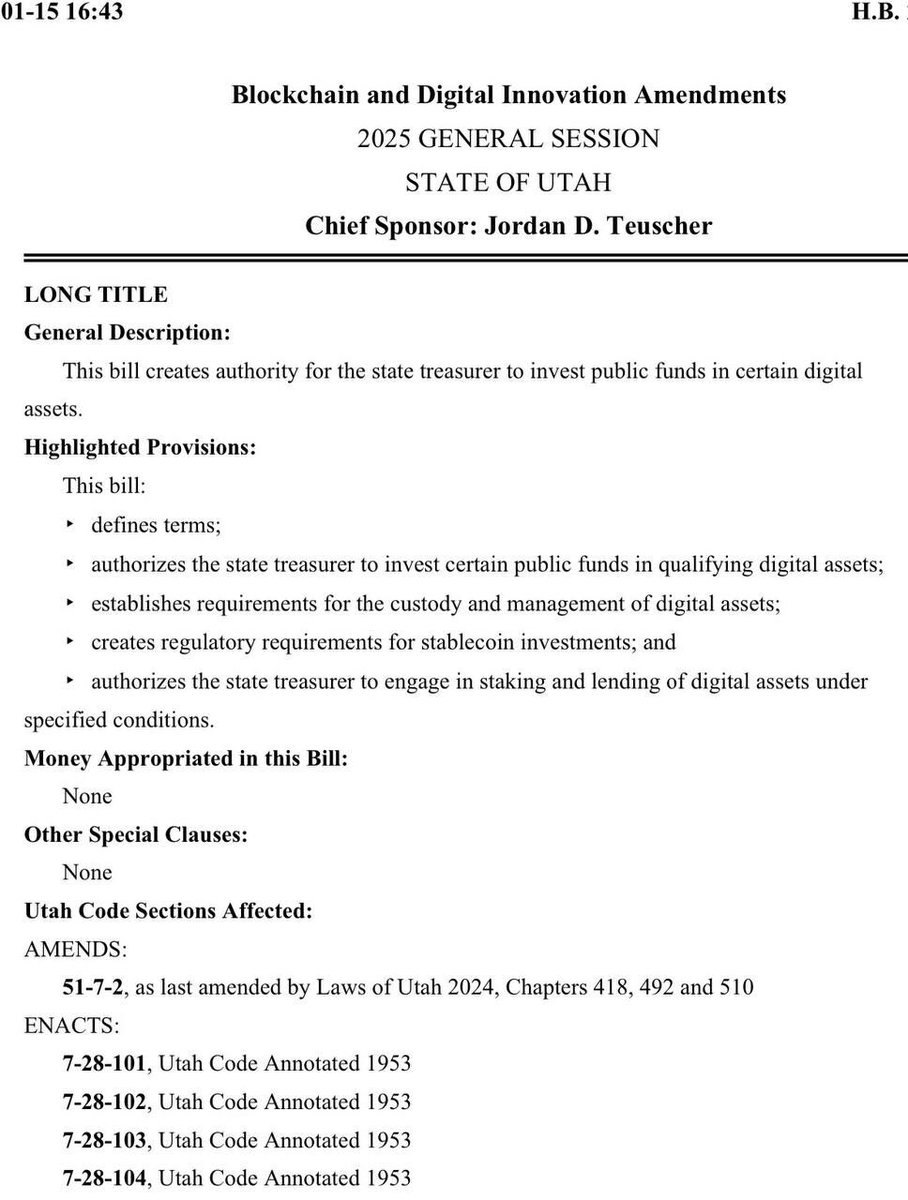 🇺🇸 NOW: Utah just introduced a bill that will give the state then authority to invest in “digital assets.”

This bill opens a pathway for Utah to invest in #Bitcoin and other digital assets.
