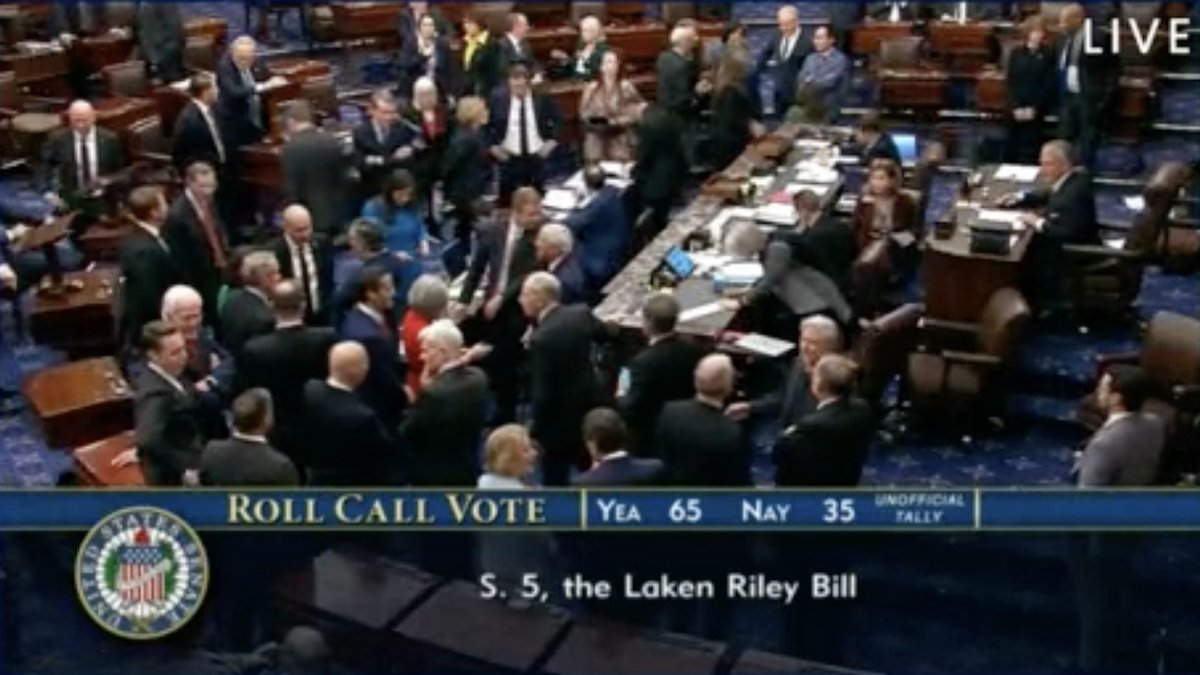 The Senate has voted 65-35 to pass the Laken Riley Act, which will enable Trump’s ICE to put migrants in detention without due process &amp; empower states to block visa programs &amp; federal immigration policy.

12 Democrats voted with Republicans.