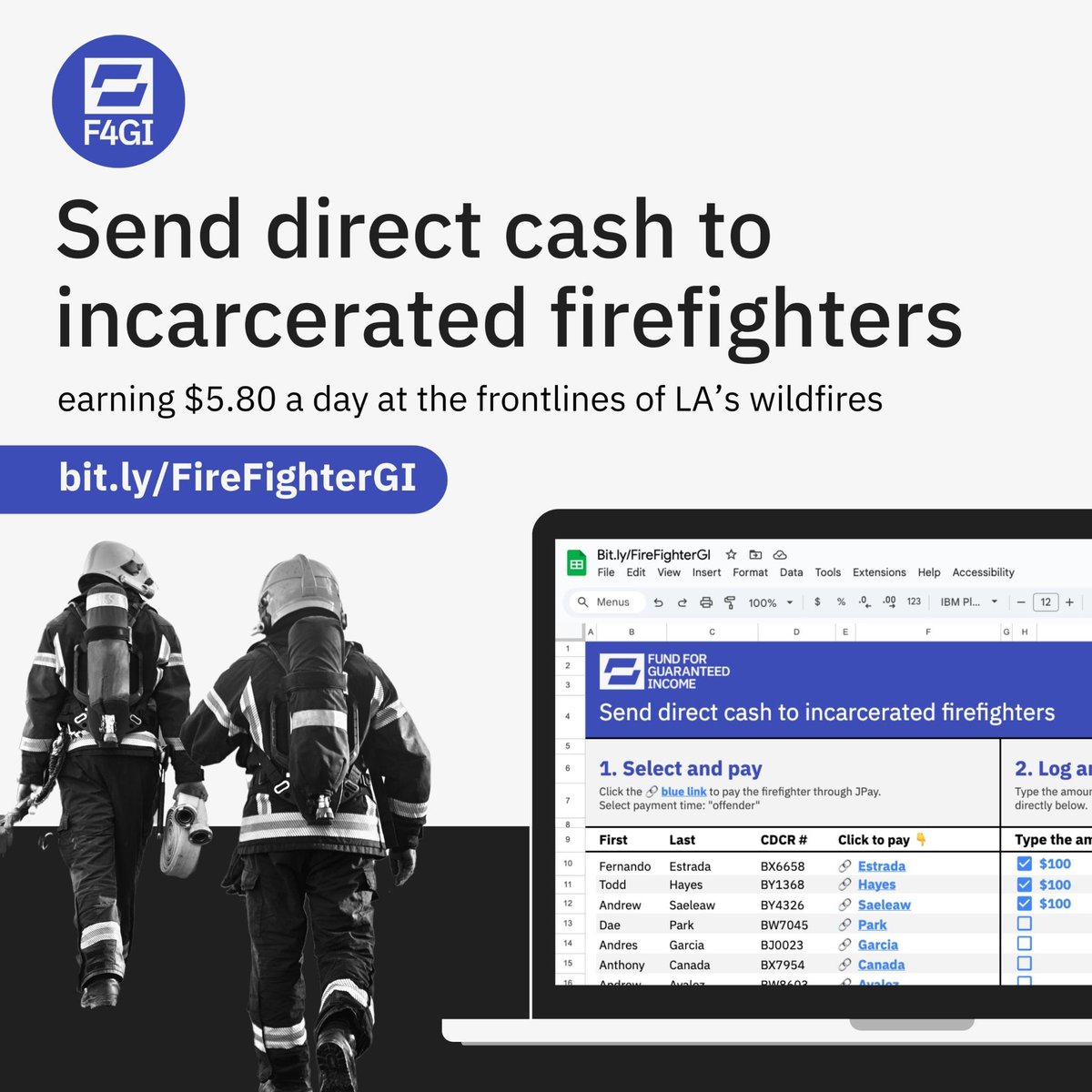 PplsCityCouncil's tweet image. PUT $ ON THE BOOKS OF INCARCERATED FIREFIGHTERS

There are over 1,000 incarcerated firefighters currently fighting the flames in LA. They get paid $5.80-$10. This is modern day slavery &amp;amp; this practice should be abolished.

Until then, send some $ here: Bit.ly/FirefighterGI