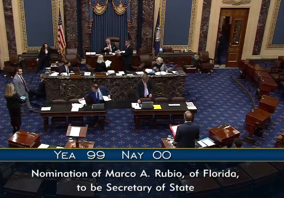 The Senate unanimously confirms Sen. Marco Rubio R-FL as Secretary of State - the first Trump Cabinet member to get full Senate approval