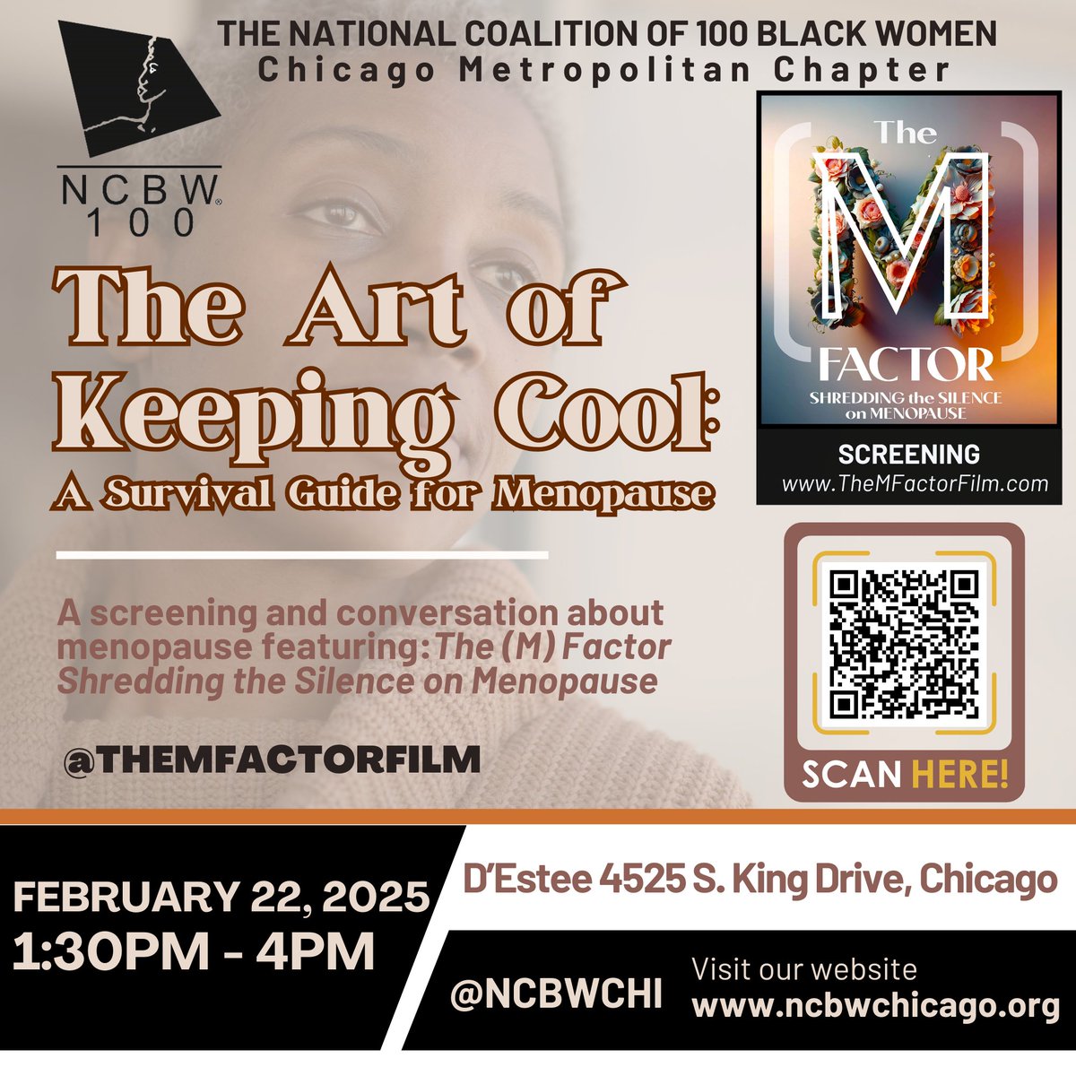 ncbwchi's tweet photo. Menopause is a natural health condition that will affect more than half the population. So why are most women going through it alone and without resources? Join us for a viewing of The (M) Factor film followed by a lively discussion where we center the experience of black women. https://t.co/tMK5V8pXBp
