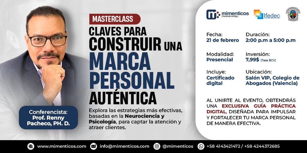 🌟 ¡La cuenta regresiva ha comenzado!
MasterClass: Claves Para Construir una Marca Personal Auténtica

¡Inscríbete Ya! 📲 +58 4143421472

#MarcaPersonal #MasterClass #CreciendoContigo #RennyPacheco #Carabobo #CrecimientoProfesional #Networking #Éxito #Neurociencia