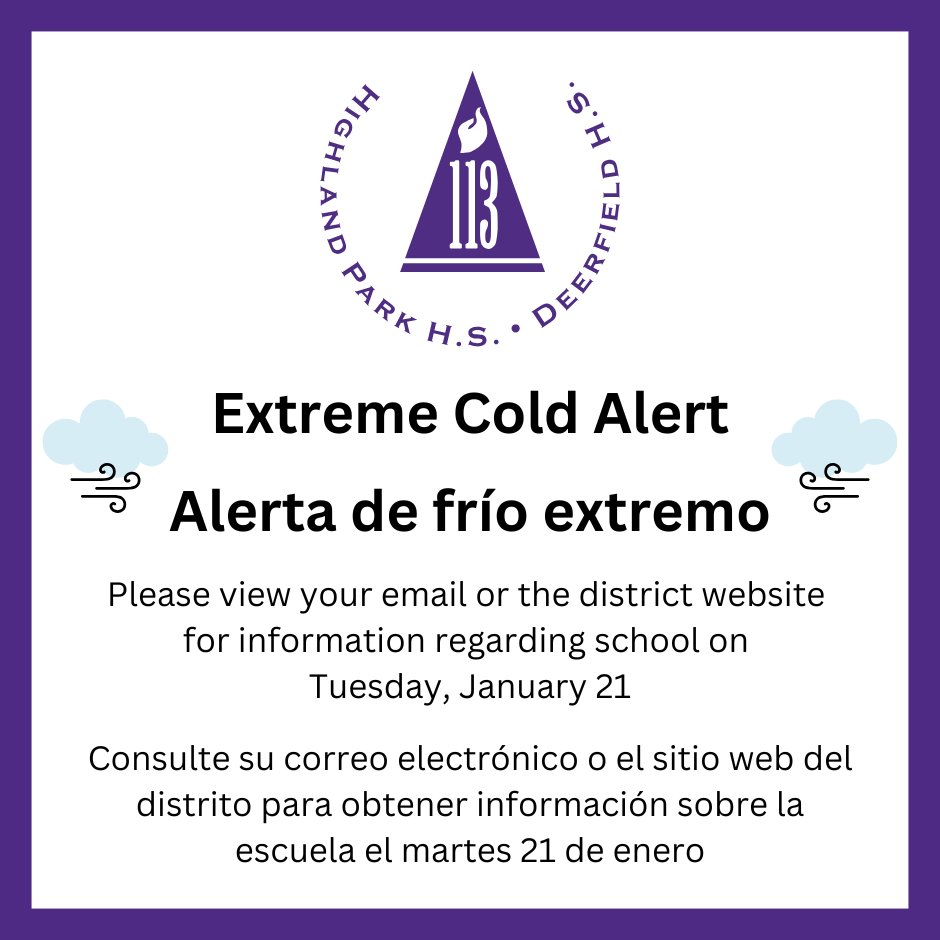 Due to the extreme cold, January 21 will follow an inclement weather special schedule. Please see your email or check the district website for more information: trst.in/8SoVPr