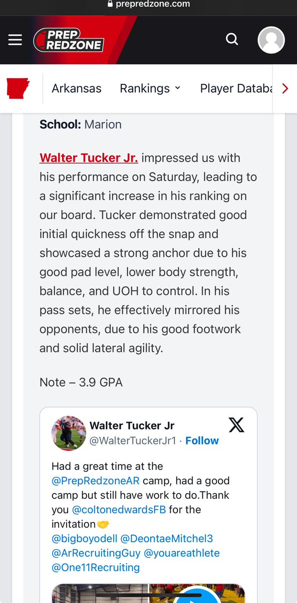 Walter Tucker Jr (@waltertuckerjr1) on Twitter photo Thankful to receive All-Camp First-Team, Thank you <a href="/coltonedwardsFB/">Colton Edwards</a> For the evaluation🤝
<a href="/LanceClark3/">Coach Lance Clark</a> <a href="/DeontaeMitchel3/">Deontae Mitchell</a> <a href="/bigboyodell/">Coach Odell Brown</a> <a href="/ARPrepSports/">Arkansas Prep Sports</a> <a href="/ArRecruitingGuy/">Richard Davenport</a> <a href="/CoachGBoykin/">Gunnar Boykin - UCA</a> Thankful to receive All-Camp First-Team, Thank you <a href="/coltonedwardsFB/">Colton Edwards</a> For the evaluation🤝
<a href="/LanceClark3/">Coach Lance Clark</a> <a href="/DeontaeMitchel3/">Deontae Mitchell</a> <a href="/bigboyodell/">Coach Odell Brown</a> <a href="/ARPrepSports/">Arkansas Prep Sports</a> <a href="/ArRecruitingGuy/">Richard Davenport</a> <a href="/CoachGBoykin/">Gunnar Boykin - UCA</a>