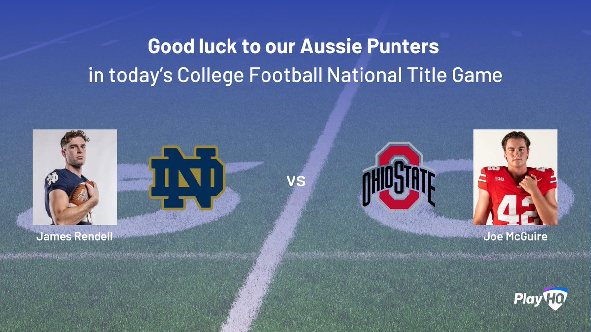 PlayHQSports's tweet image. Two Aussies are in the CFB national title game! James Rendell (ex-Frankston VFL ruck) punts for Notre Dame &amp;amp; Joe McGuire (ex-Melbourne Grammar) punts for Ohio State. Both followed the Prokick Australia pathway to US college stardom.
#CFBPlayoffs #GrassrootsSports #AustralianMade