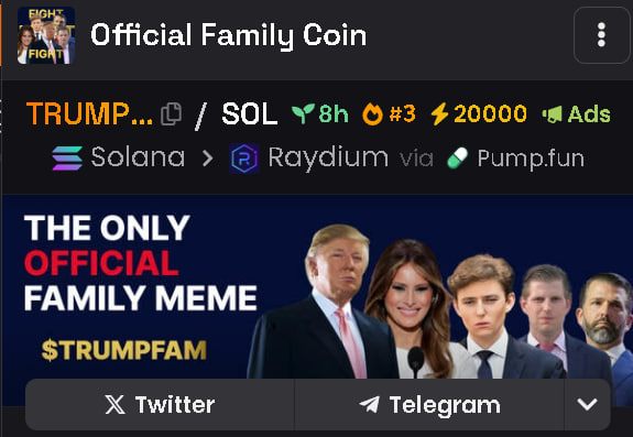 Trump_FamilySol's tweet photo. $TRUMPFAM top 3 and that's just the beginning! 

Soon we will be bigger than $TRUMP

ca: zFCN2vUTXjhy5wTpGzysqfPYHbK8SZymSuTnSKjpump https://t.co/4Z1HCnhDNs