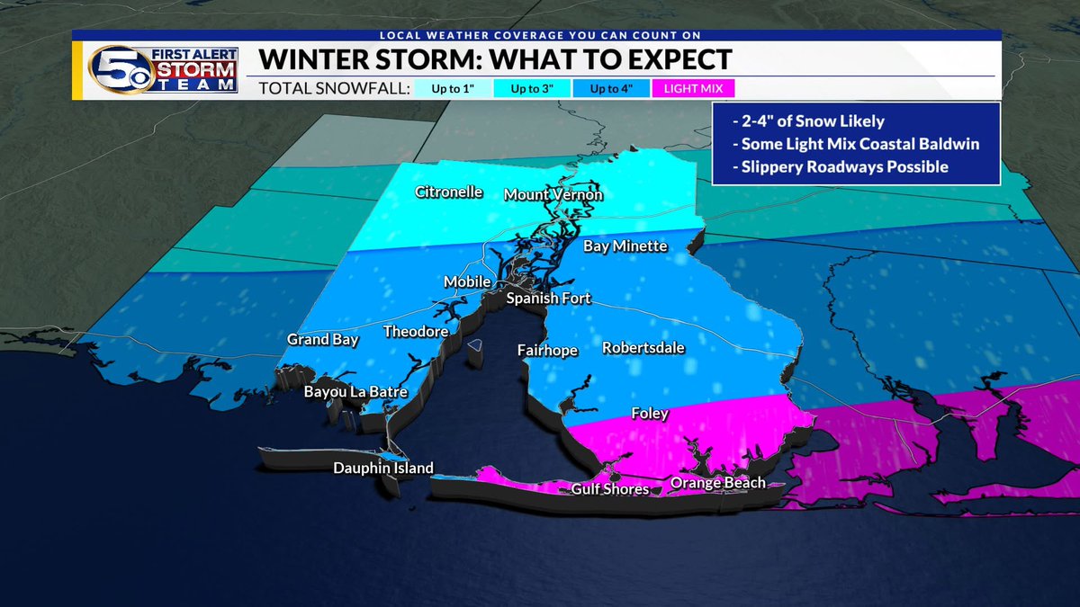 mymagic106's tweet photo. ❄WINTER WEATHER ZONE FORECAST❄ 
Most of our area will receive anywhere from 1-4"" of snow. Most this will fall from 10am to 10pm Tuesday.

#WKRG #gulfcoast #mobilealabama #pensacola #gulfshores https://t.co/tRibFgVLbZ
