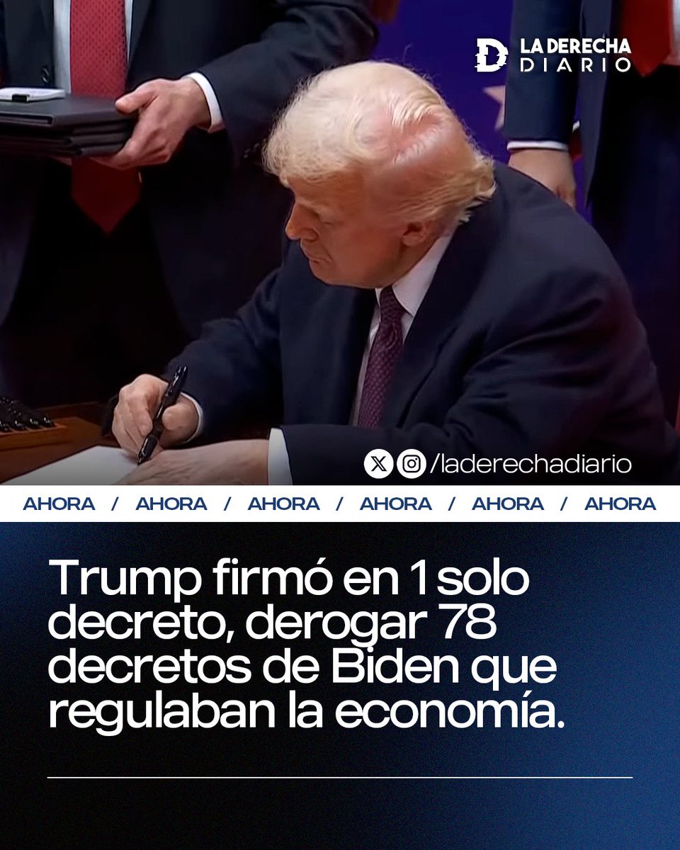 🚨🇺🇸 | #URGENTE Al igual que hizo Joe Biden al asumir en 2021, el presidente Donald Trump firmó un decreto derogando 78 decretos presidenciales de la era Biden.