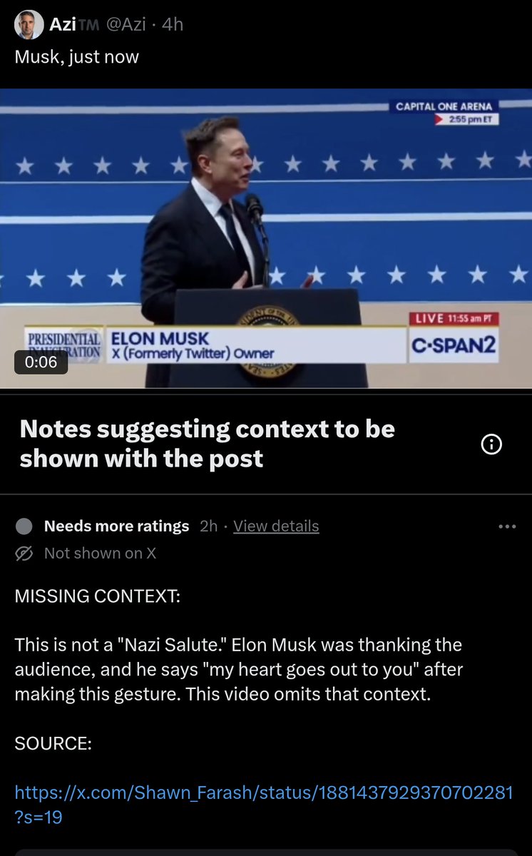 Most of them are like this where the OP is literally just the video with text reading "Here is Elon Musk", and the Community Note still jumps in like, "It's not a 'Nazi Salute'! Stop calling it a 'Nazi Salute'!"