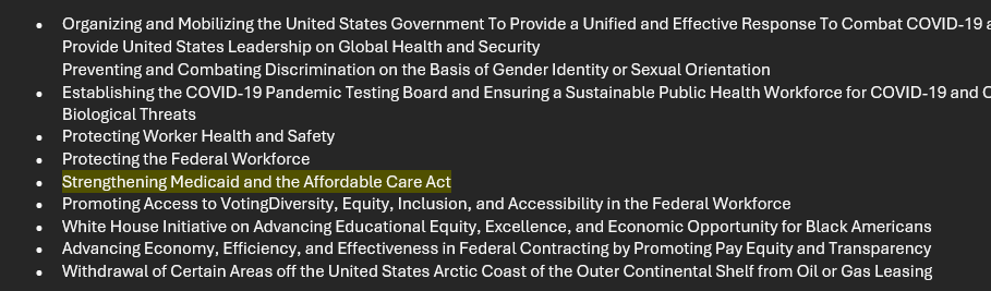 Here is an expanded list of the signed EOs that rescinded executive orders from the Biden Admin. A few below on some of the order Trump just reversed via <a href="/olivialarinaldi/">Olivia Rinaldi</a> 
whitehouse.gov/presidential-a…
