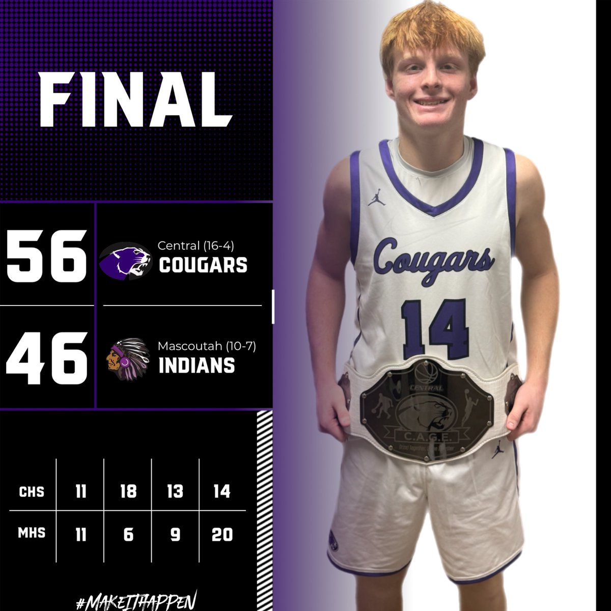 Cougs advance to the semifinals of the N.I.T with a 56-46 win over Mascoutah.
<a href="/BWieter/">Bryce Wieter</a> earns the C.A.G.E Belt with 4 points, 9 rebs, 2 dimes, 2 blks. 
<a href="/griffenbecker/">Griffen Becker</a> w/ 24 pts, 2 rebs, 2 blks
<a href="/PrestonLBaker15/">Preston Baker</a> w/ 9 pts, 2 rebs
<a href="/eastonbecker4/">Easton Becker</a> w/ 9 pts, 4 rebs, 2 stls