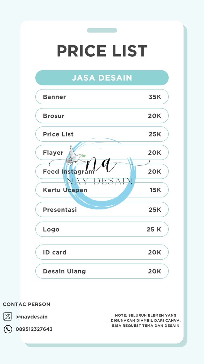 naydesain's tweet photo. haloo everyone butuh desain profesional dengan cepat dan sesuai keinginan? Aku siap membantu!
✔️ Banner
✔️ Brosur
✔️ Flyer
✔️ Feed Instagram 
✔️ Kartu ucapan
✔️ Presentasi
✔️ Logo
jika berminat bisa DM aku atau di bio aku ya🥰
#DesainKreatif #zonauang #jasaeditfoto https://t.co/qYvG7cEpVc