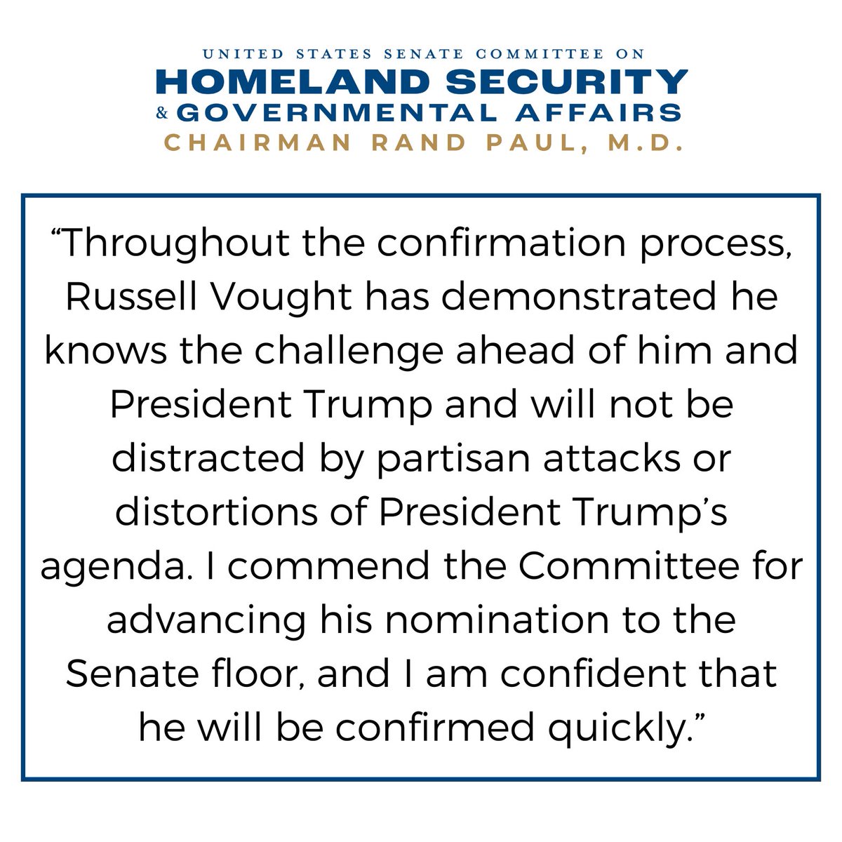 HSGAC_GOP's tweet image. Statement from Chairman @SenRandPaul on the nomination of @russvought to be Director of OMB advancing from #HSGAC ⬇️