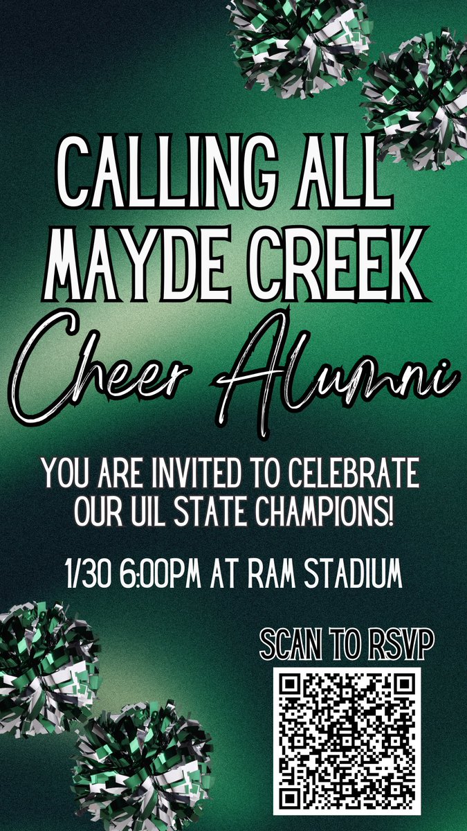 Mayde Creek Cheer Alumni!! Please RSVP to be recognized for your contributions to 40 years of Ram Pride!! 💚 #HistoryMayde #RPND