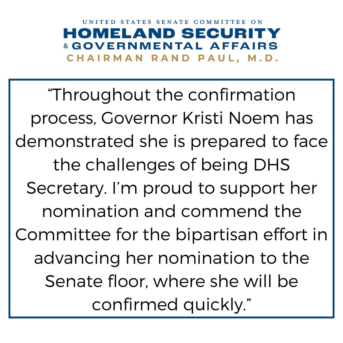 HSGAC_GOP's tweet image. Statement from Chairman @SenRandPaul on the nomination of @KristiNoem to be Secretary of @DHSgov advancing from #HSGAC ⬇️