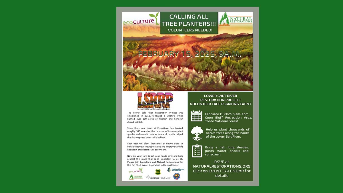 Join us for a Lower Salt River Tree Planting with Ecoculture on 2/15/25 at Coon Bluff Recreation area on the <a href="/TontoForest/">Tonto National Forest</a> from 9am-1pm. 
eventbrite.com/e/121569422715…