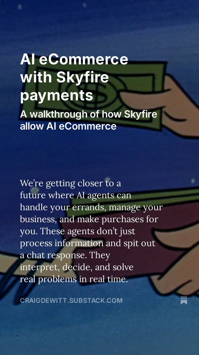 Biggest <a href="/trySkyfire/">Skyfire</a> sign up day yet ! 

Also launched another new service on app.skyfire.xyz

AI can now search and buy items across ecommerce marketplaces.  

No preexisting accounts or credit cards required (powered by <a href="/base/">Base</a> USDC under the hood)

Demo video: