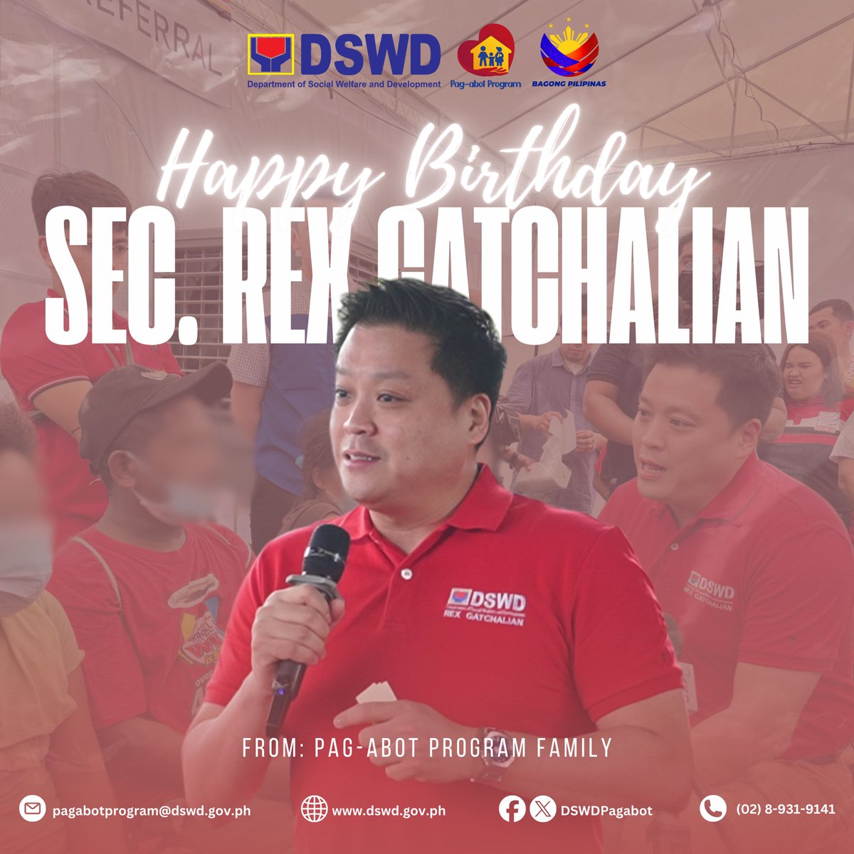 DSWDPagAbot's tweet image. Maligayang Kaarawan, Sec @rex_gatchalian♥️

Mula sa DSWD Pag-abot Program, maraming salamat sa inyong “extra love” at “extra care” na serbisyo para sa mamamayang Pilipino!

#BawatBuhayMahalagaSaDSWD
#DSWDPagabotProgram