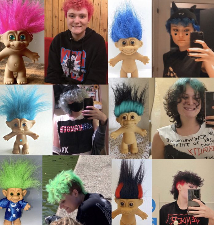 my hair colours over the past 2 years with troll doll references