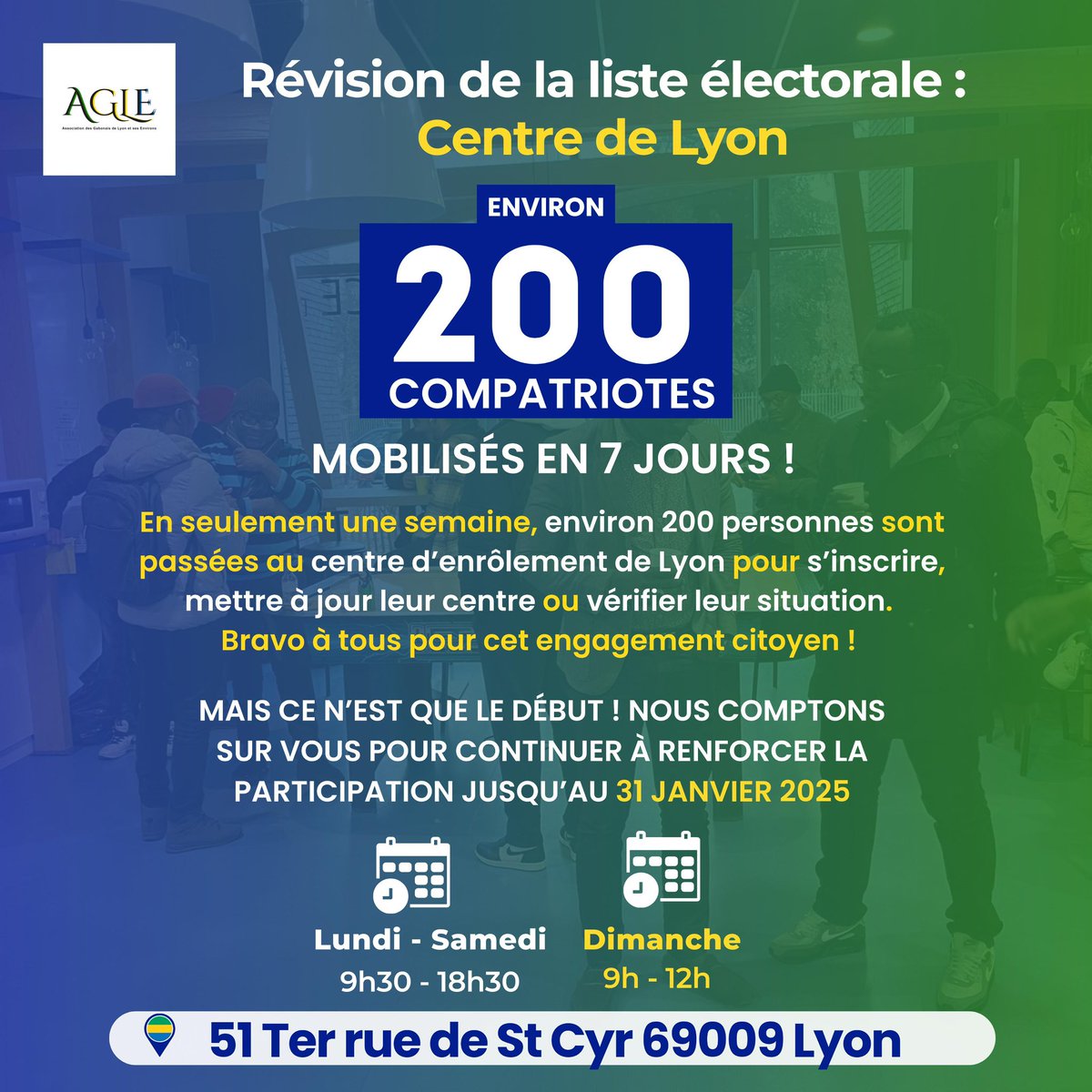 ASSOCIATIONAGLE's tweet photo. 🇬🇦 Mbolo la communauté ! Environ 200 compatriotes mobilisés, et vous ? 🗳️
En seulement une semaine, environ 200 personnes sont passées au centre d’enrôlement de Lyon
Bravo à tous pour cet engagement citoyen ! 💪 https://t.co/GodCgEcvu0
