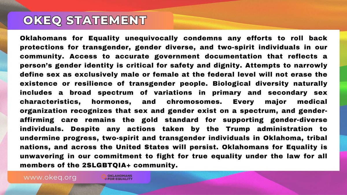 Oklahomans for Equality Statement on Trump's Executive Order Defining Gender: