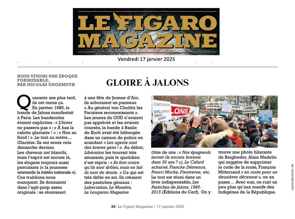 basiledekoch's tweet photo. LE DEUXIÈME DEGRÉ, ÇA RÉCHAUFFE !

C'est du moins ce qui ressort des excellents papiers que nous ont consacrés nos talentueux confrères du FigMag et du JDD(1).

Ils couvraient, dimanche dernier, le Dépôt de Gerbe organisé par Jalons pour célébrer le quarantenaire de notre Manif contre le Froid.
Parmi les nombreux slogans et pancartes, les plus populaires furent, semble-t-il, "La jeunesse emmerde la Météo nationale" et "Sauvons les ours bipolaires !"

Bref, un succès patapolitique, médiatique et même numérique, puisque, selon les R.J., nous étions deux fois plus nombreux qu'il y a 40 ans. 

_________________________________
(1) Cf.ci-dessous les articles en question, 
ainsi que la vidéo intégrale de la manifestation signée LDC News =>
https://t.co/V6iVxVJtzv