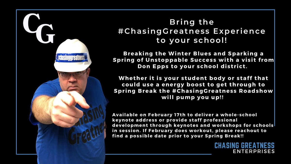 Although many schools are closed on Feb 17 for Presidents Day, some are still in session for snow day make-ups or staff PD! I’d love to bring an energy boost through keynotes or workshops for students and staff. #ChasingGreatness to support your school district! #KSLeaders
