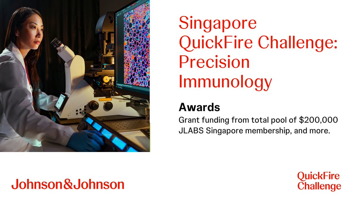 JLABS's tweet image. 1 week left to submit your potentially transformative precision medicine approaches for targeted therapies that can be applied across Immune-Mediated Diseases to the Singapore #QuickFireChallenge: Precision Immunology. Learn more &amp;amp; apply: jji.jnj/SingaporeQFC24