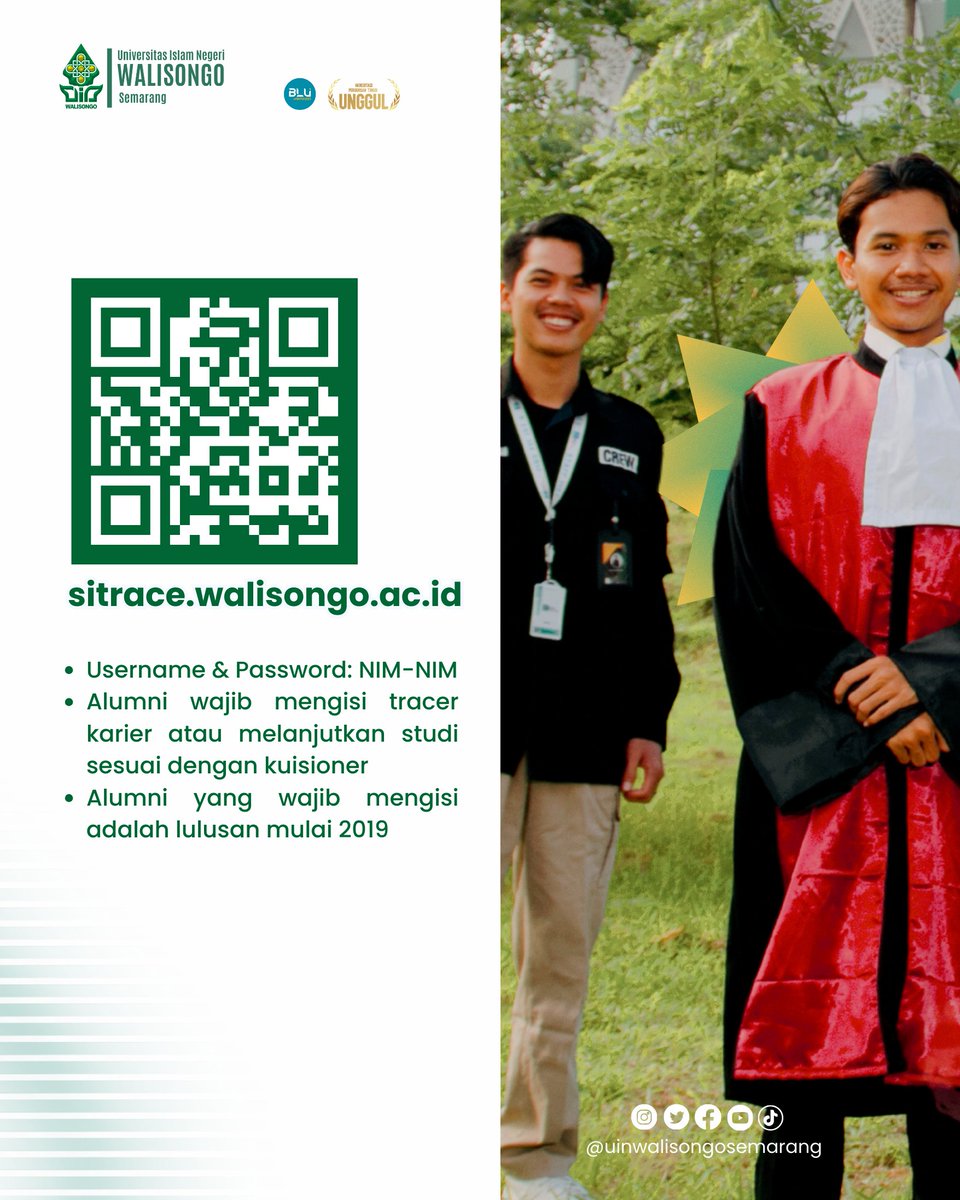 Buat para alumni #uinws kalian wajib isi tracer alumni yaa, manfaatnya tentu sangat banyak buat kalian dan juga buat almamater kita UIN Walisongo
Isi di sitrace.walisongo.ac.id menggunakan NIM-NIM

#tracer
#uinwalisongounggul
#uinwalisongosemarang