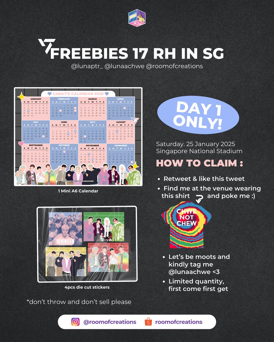 freebies seventeen rh in singapore ── .✦

🗓️day 1
📍national stadium singapore

♡ rt &amp; like will be nice 
♡ look for the girl who wears rainbow tie dye hehe
♡ tag me if you get one 💖

#SEVENTEEN_RIGHT_HERE_IN_SINGAPORE