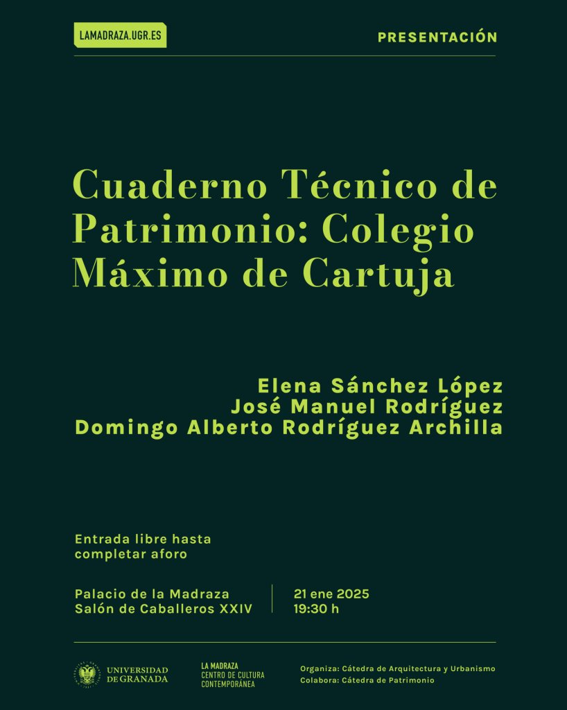 Os animamos esta tarde a la presentación del nuevo Cuaderno Técnico de <a href="/Patrimonio_UGR/">Patrimonio UGR</a>: Colegio Máximo de Cartuja.

El cuaderno número 19 de esta serie aborda el emblemático edificio del arquitecto Francisco Rabañal, que supuso un hito en la configuración del campus de Cartuja.