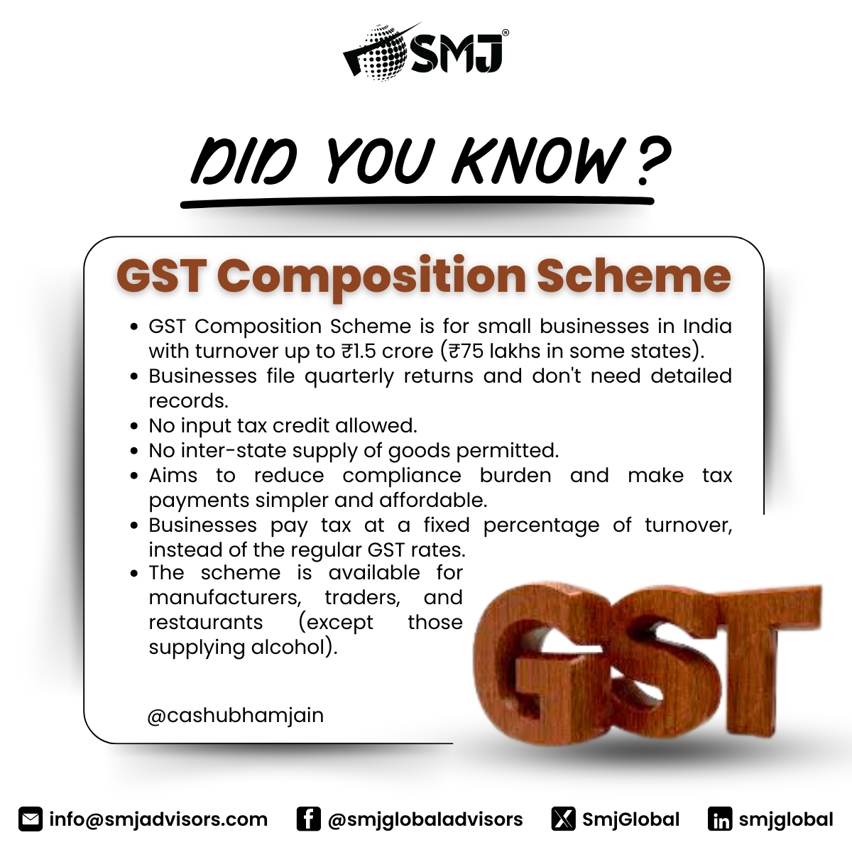 CAshubhamjain_'s tweet image. 𝗗𝗶𝗱 𝘆𝗼𝘂 𝗸𝗻𝗼𝘄 𝘁𝗵𝗮𝘁 𝗮𝗯𝗼𝘂𝘁 𝗚𝗦𝗧 𝗖𝗼𝗺𝗽𝗼𝘀𝗶𝘁𝗶𝗼𝗻 𝗦𝗰𝗵𝗲𝗺𝗲?

#GST #GSTcompositionscheme #taxes #tax #taxation #DidYouKnow #DYK #Income #IncomeTax #BreakingNews #knowledgemakespower #business #taxpayer #Taxpayment #business #Traders #payments #SMJ