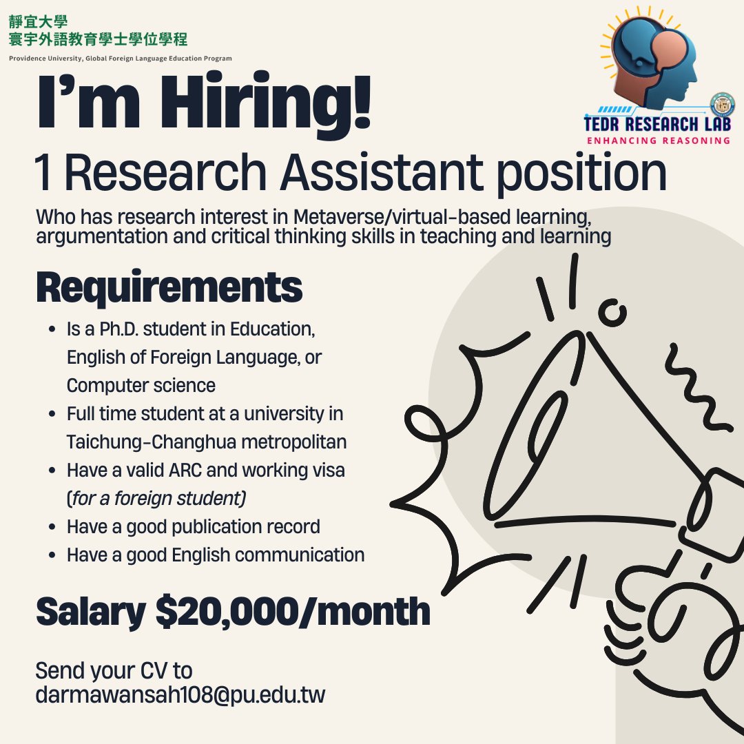 I'm hiring a research assistant. If you know a #phdstudent who is currently studying in Taichung-Changhua Taiwan,  please spread this info :)