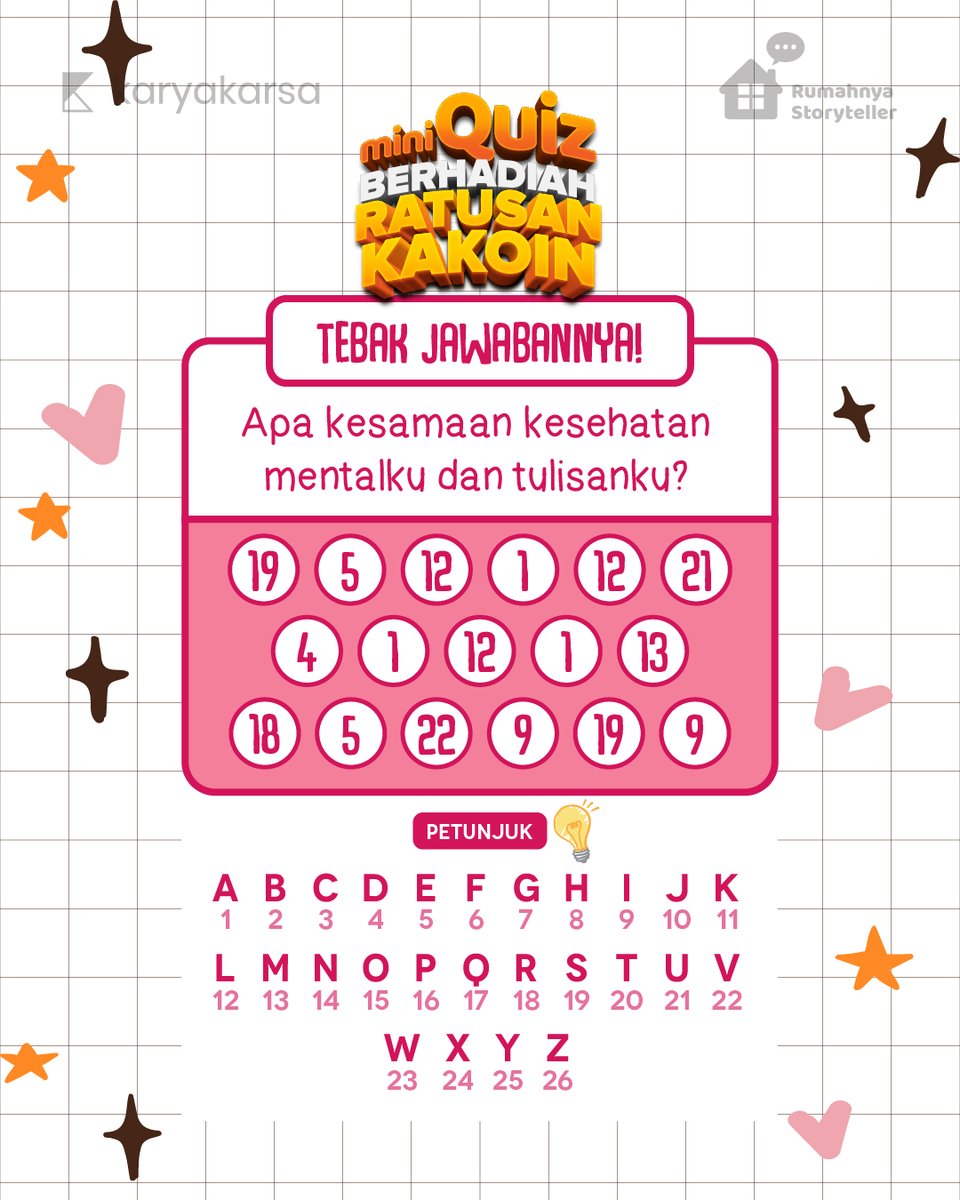 karyakarsa_id's tweet photo. MINI QUIZ TIME!!! 🎉🎉🎉

Clue kuis kali ini gampang dan kamu sebagai penulis pasti setuju sama jawabannya!

Yuk, ikut jawab di kolom komen dan tag 2 temanmu!👇

#KaryaKarsa #kuismini #kuisberhadiah #miniquiz #giveaway #tebakgambar https://t.co/SHv03VsF96