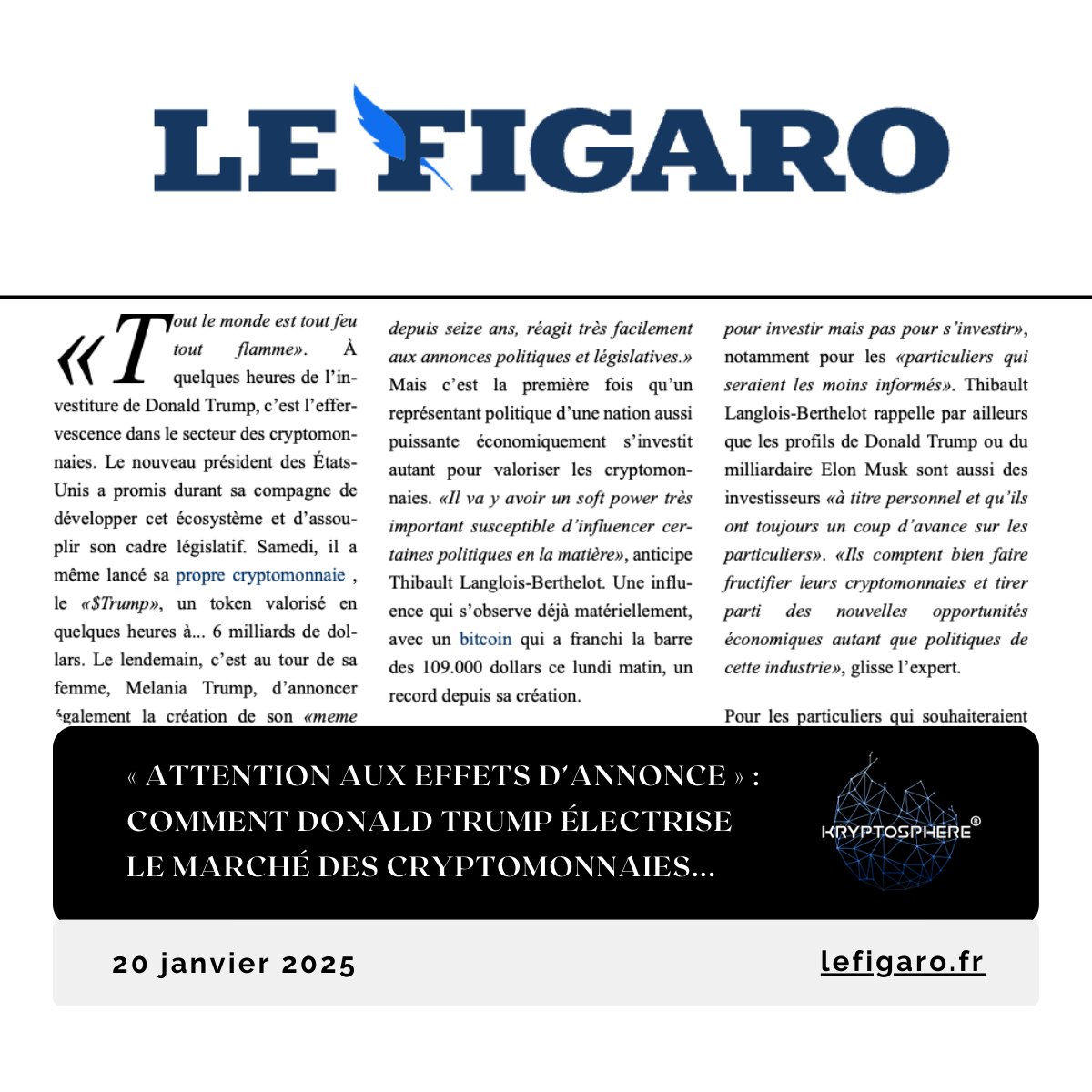À la lumière des récentes actualités politiques et internationales concernant les crypto-actifs, nous sommes honorés de vous partager certains fondamentaux dans <a href="/Le_Figaro/">Le Figaro</a> (<a href="/docteurbtc/">Thibault Langlois-Berthelot, PhD</a>). Une interview exclusive aux côtés du cabinet spécialisé <a href="/ORWL_Avocats/">ORWL_</a>