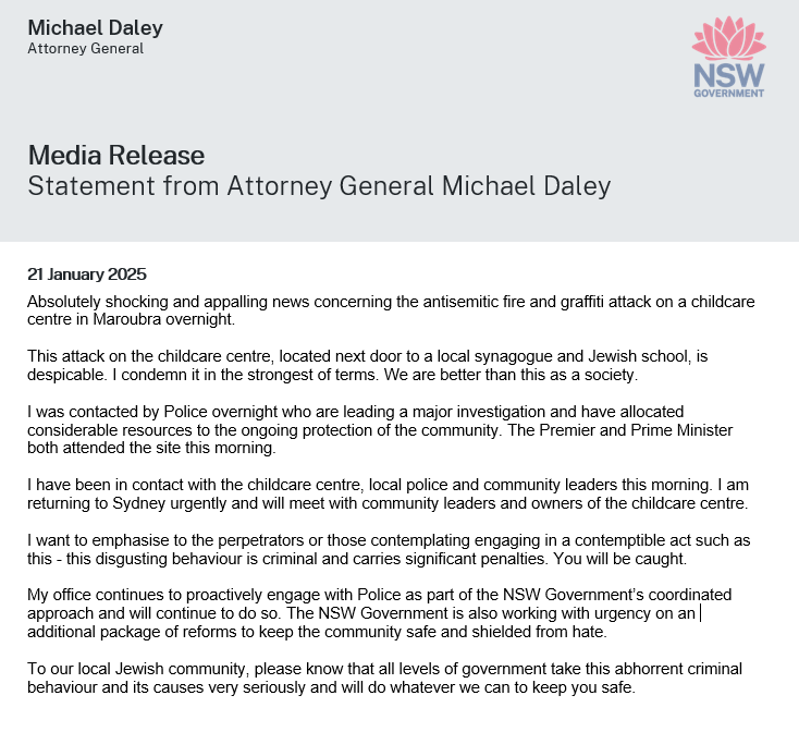 Absolutely shocking and appalling news concerning the antisemitic fire and graffiti attack on a childcare centre in Maroubra overnight.

This attack on the childcare centre, located next door to a local synagogue and Jewish school, is despicable.