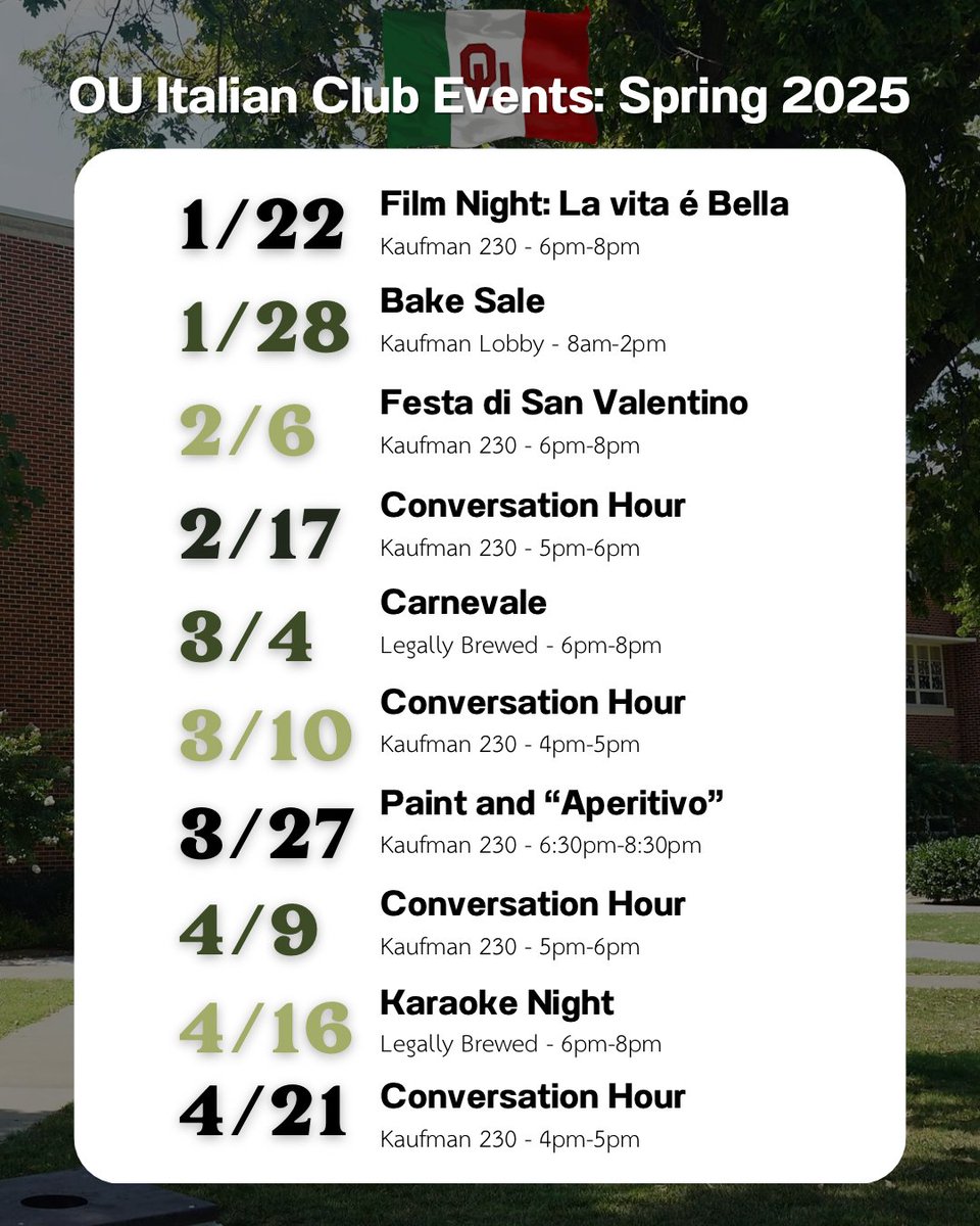OUItalian's tweet image. 🇮🇹 OU Italian Club Events Are Here! 🎉

🎬 First up: Movie Night on Jan 22!
✨ Attend events &amp;amp; earn extra credit points
Don’t miss out—check the flyer for details!

#OUItalianClub #ExtraCredit #MovieNight #SpringSemester