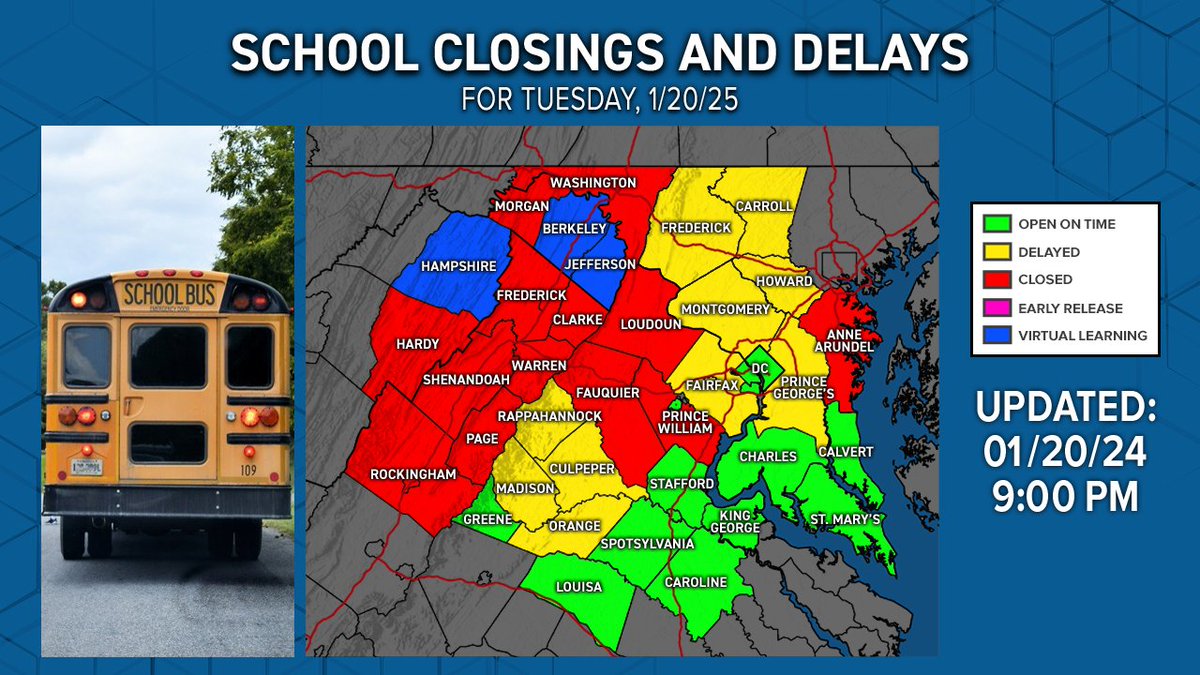 AdamMooreWX's tweet photo. School closing and delays across the region as of 9:00pm. #vwx #dcwx #mdwx #SchoolClosings #weather https://t.co/4R8VNecSRm