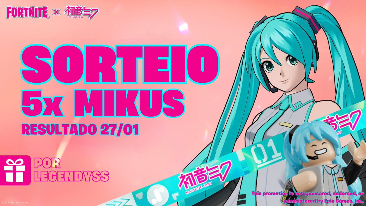 2º SORTEIO 5x Skins da Hatsune Miku! 🩵

🎟️ Requisitos:
👥 Seguir <a href="/Legendyss/">Legendyss</a> &amp; <a href="/shdle0/">O_Leooo</a> 
❤️ Like + 🔁 Retweet 
💬 Marcar um Amigo
