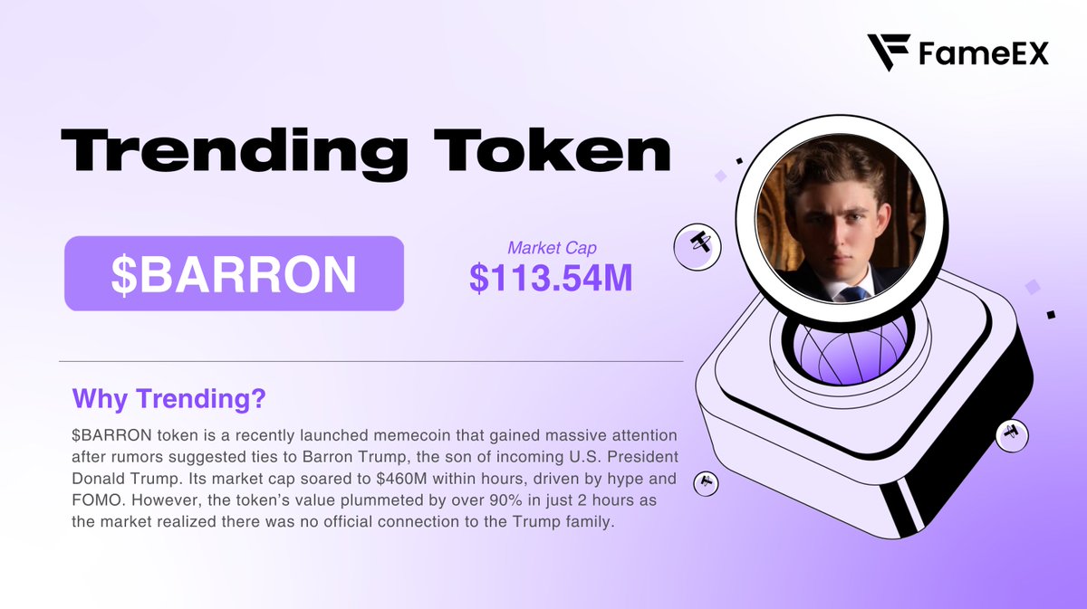 🚨 Trending Memecoin Alert👉 $BARRON @BarronXSpaces $BARRON, a #memecoin  that exploded in popularity due to rumors of ties to Barron Trump, quickly  rose to a $460M market cap but saw its value