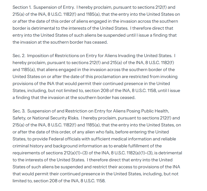 camiloreports's tweet photo. BREAKING — President Trump cites extraordinary presidential powers to effectively suspend US asylum law, accusing migrants of staging an "invasion," endangering public health.

He authorizes officials to "repel, repatriate, or remove" migrants, suspending their "physical entry." https://t.co/wpUsjBNqC2