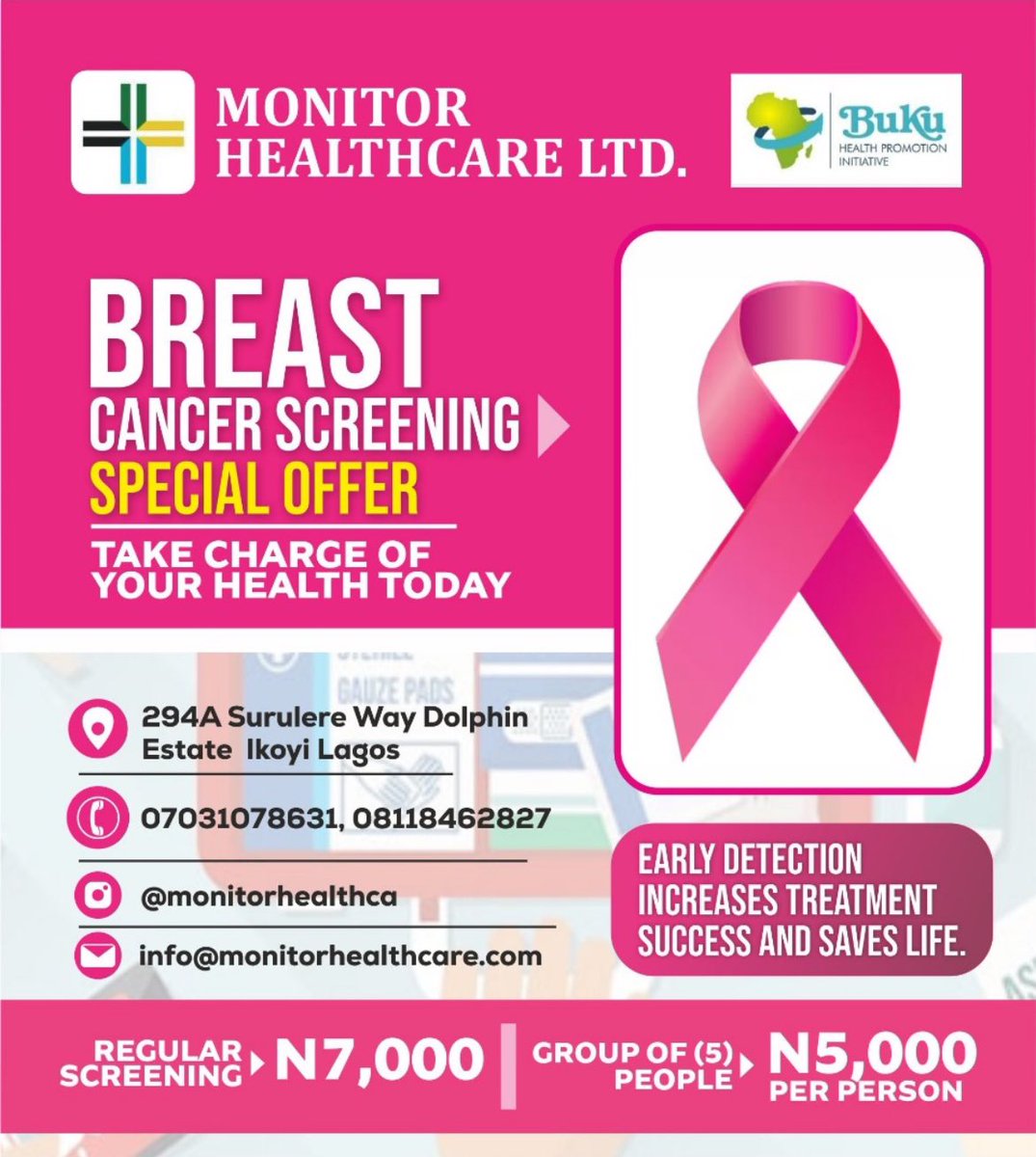 BukuHealthcare's tweet photo. Breast Cancer is a common cancer killing more ladies in developing countries due to late presentation. We can change this.

Our target is to support 5,000 ladies in 2025 to be screened for Breast Cancer.

 Support a lady: 
Health Promotion initiative 
Zenith account - 1016624165. https://t.co/vN9vgaya0W