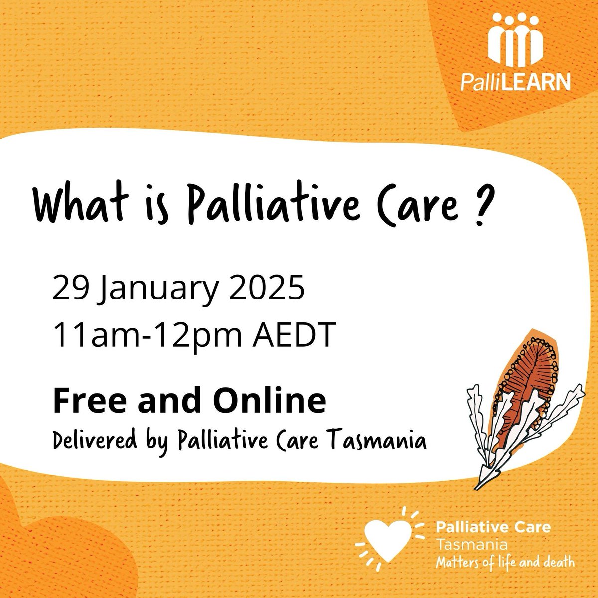 PallCareTas's tweet photo. Palliative care is about more than you think. Our 1st PalliLEARN session for the year will be 'What is palliative care?' Wed 29 Jan, 11am-12pm AEDT. Free & online. Bookings: https://t.co/YEBvK88G4n
#PalliativeCare #PalliLEARN #Education #CompassionateCare https://t.co/EaIX8Tmxry