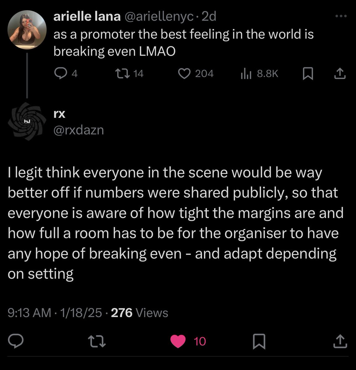 ariellenyc's tweet image. how much i made from my biggest party so far:

897 RSVPs: $0
128 paid tickets: $2,025
bar bonus: $270
($2,295)

——-

costs:

artist guarantees: $1,700
($595)

photographer: $200
($395)

flyers: $70
($325)

extra hospitality: $25
($300)

$300.