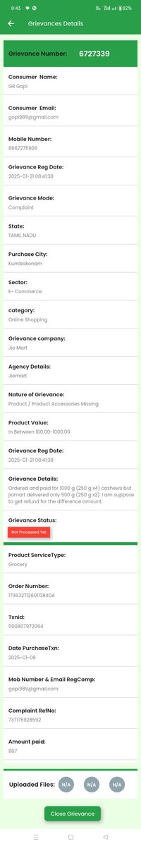 GopiGR's tweet photo. @JioMart_Support is not refunding for not delivering fully the order. Instead of 1000 g, @JioMart delivered only 500 g and refused to refund. Filed a complaint with @jagograhakjago through their mobile application. https://t.co/KoYUC1LCP4