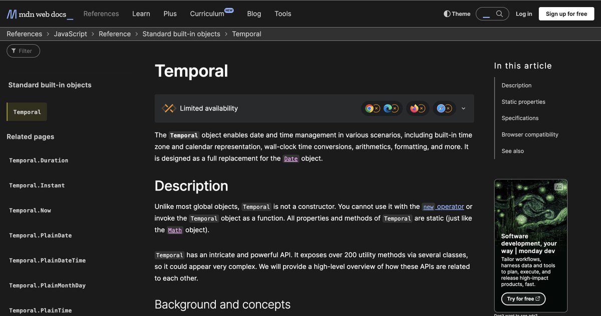 I might have decided to not post here but this is big enough to let y'all know: The Temporal docs are now live on <a href="/MozDevNet/">MDN Web Docs</a>!

Find me on 🦋 known by my website btw