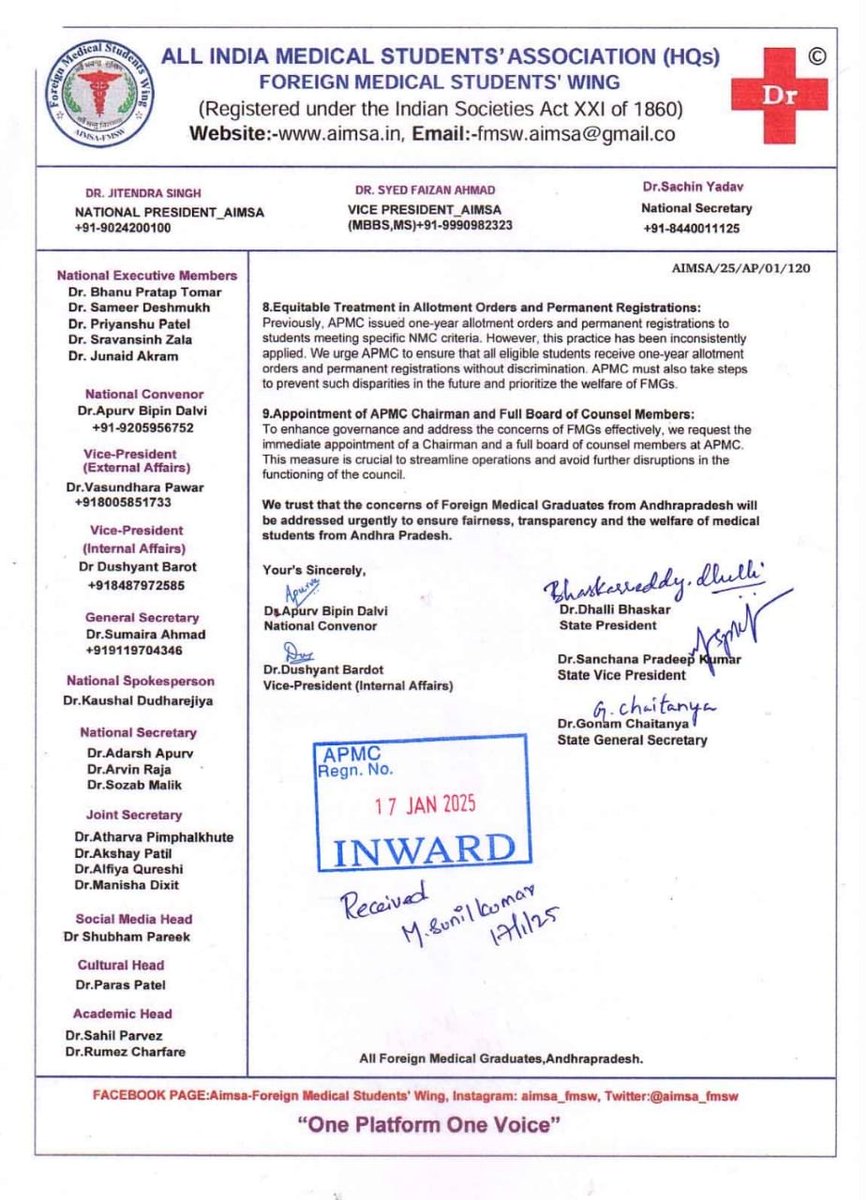 Dr.Bhaskarreddy (@bhaskarreddy_d7) on Twitter photo We demand justice and solution to our long waiting following concerns mentioned in the representation letters submitted to APMC,<a href="/official_aimsa/">ALL INDIA MEDICAL STUDENTS' ASSOCIATION</a> <a href="/official_afa_/">ALL FMGs ASSOCIATION(AFA)</a> @healthministr <a href="/APDeputyCMO/">Deputy CMO, Andhra Pradesh</a> <a href="/AndhraPradeshCM/">CMO Andhra Pradesh</a> We demand justice and solution to our long waiting following concerns mentioned in the representation letters submitted to APMC,<a href="/official_aimsa/">ALL INDIA MEDICAL STUDENTS' ASSOCIATION</a> <a href="/official_afa_/">ALL FMGs ASSOCIATION(AFA)</a> @healthministr <a href="/APDeputyCMO/">Deputy CMO, Andhra Pradesh</a> <a href="/AndhraPradeshCM/">CMO Andhra Pradesh</a>
