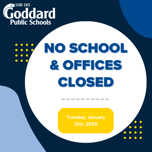 USD265_Apollo's tweet photo. Goddard Public Schools Staff and Families, 

There will be NO SCHOOL on Tuesday,  January 21, 2025, due to dangerously cold wind chill temperatures and hazardous conditions. 

Please be safe, and thank you for your continued support. https://t.co/fkOMwlpAy7