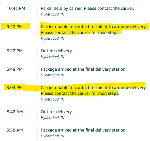 srinivaslekhak's tweet photo. @amazonIN Hi Team, what kind of delivery service is this, without contacting customer simply marking as unable to contact. Can you please look into this issue. https://t.co/Z3JRFBRhXE