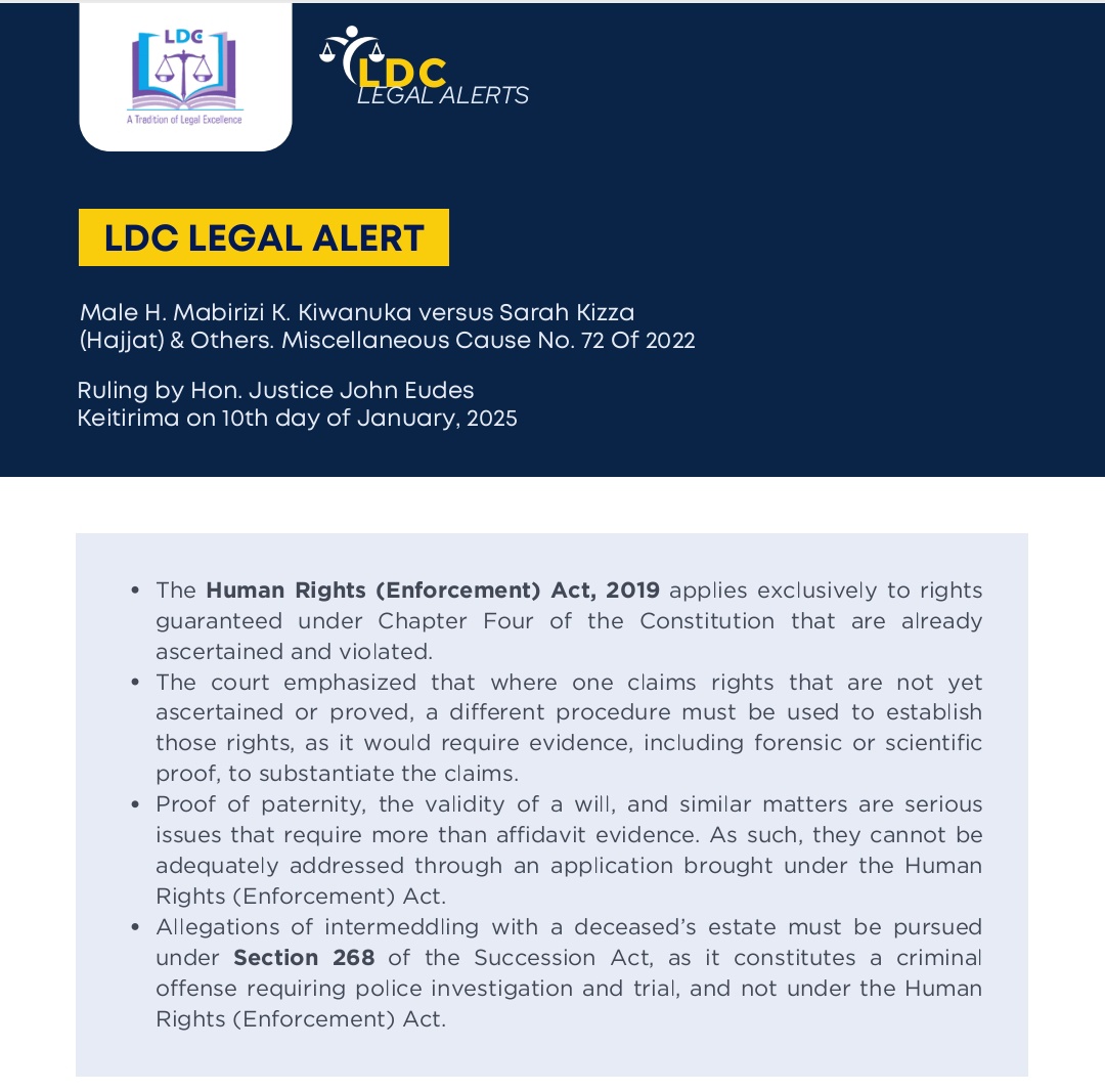 #LDCLegalAlert 
Case:*  Male H. Mabirizi K. Kiwanuka versus Sarah Kizza (Hajjat) &amp; Others. Miscellaneous Cause No. 72 Of 2022
*Highlights:*
Audio: x.com/LDC_Uganda?t=o….
PDF:drive.google.com/file/d/1YYx5M5…